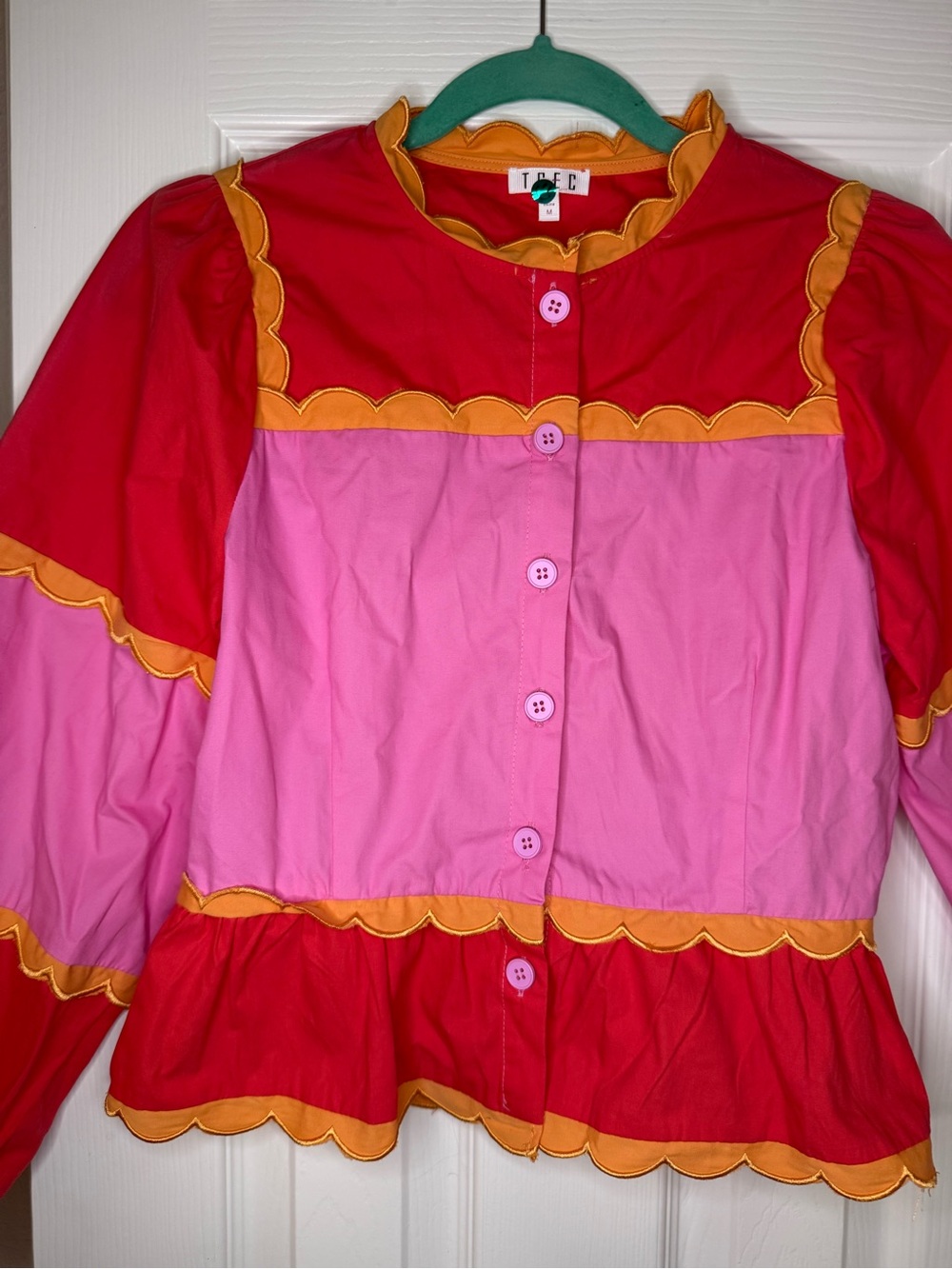 TCEC Colorblock Pink and Red Scallop-Trim Button Down Shirt - Picture 6 of 10